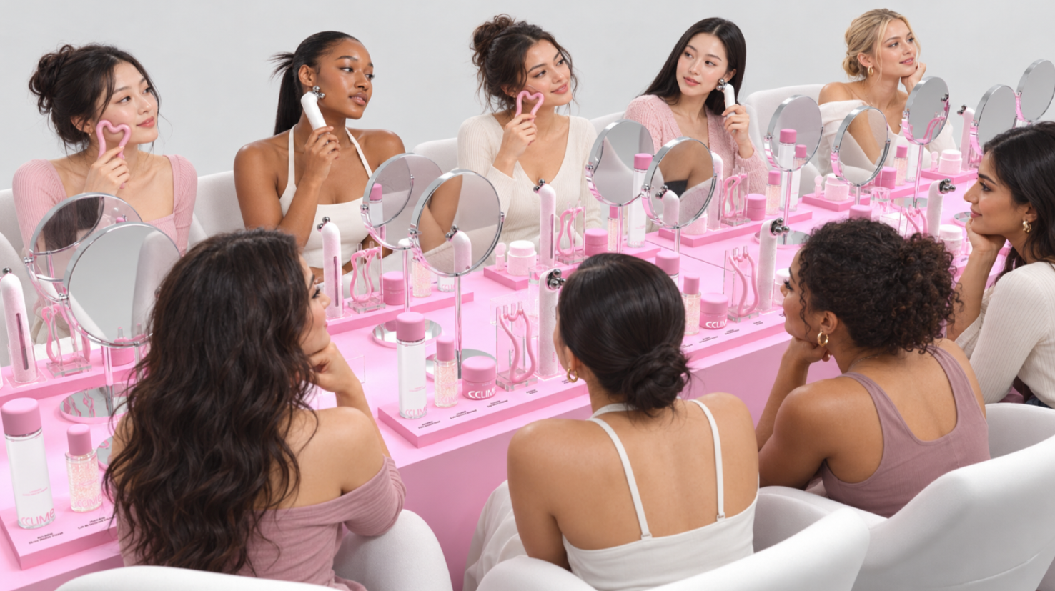 Participants practicing facial sculpting with CCLIME skincare and tools
