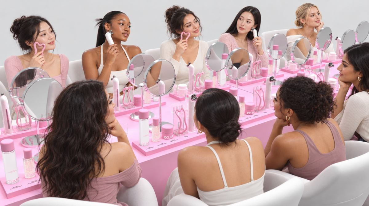 Participants practicing facial sculpting with CCLIME skincare and tools